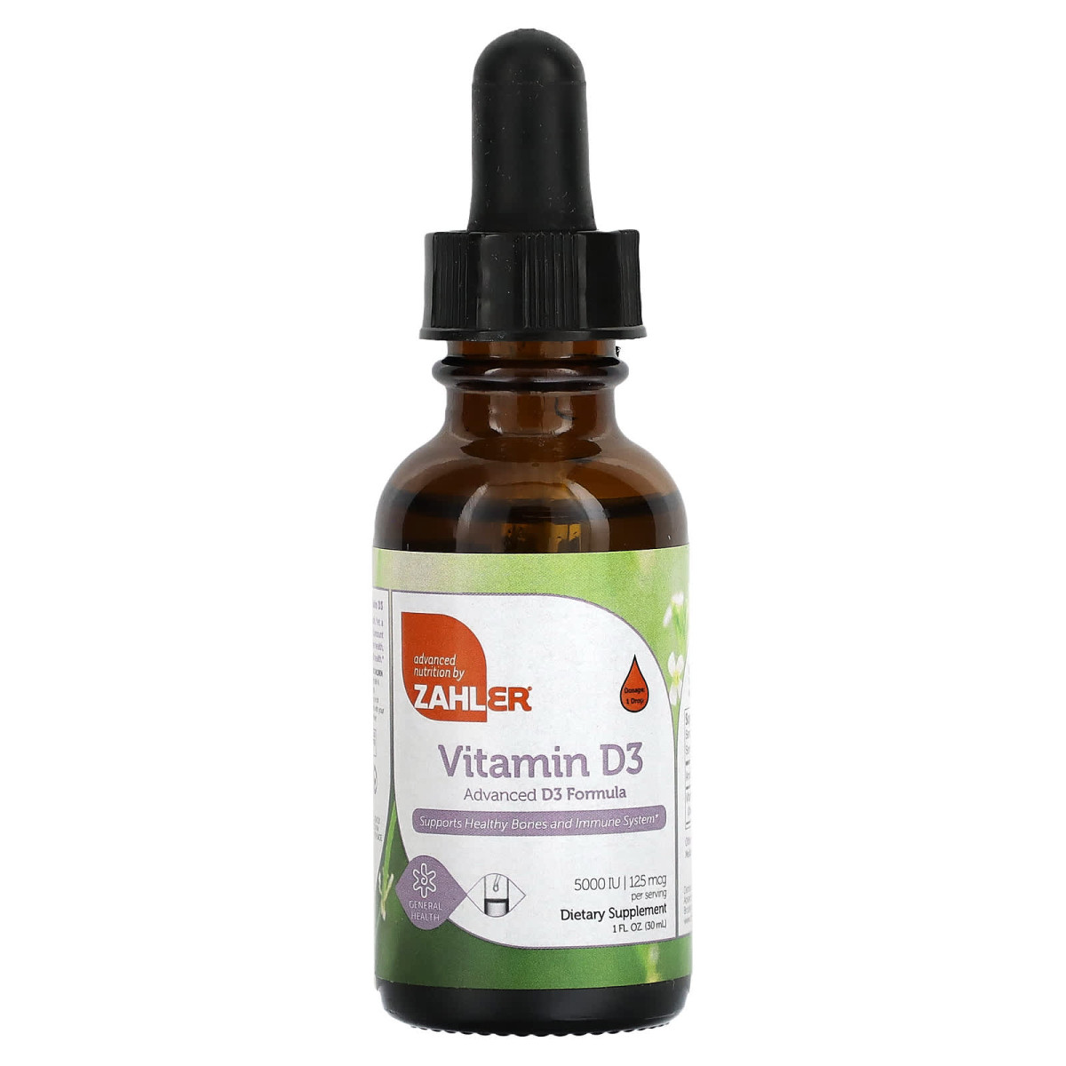 Zahler, вітамін D3, вдосконалена добавка з вітаміном D3, 125 мкг (5000 МО), 30 мл (1 рідк. унція)