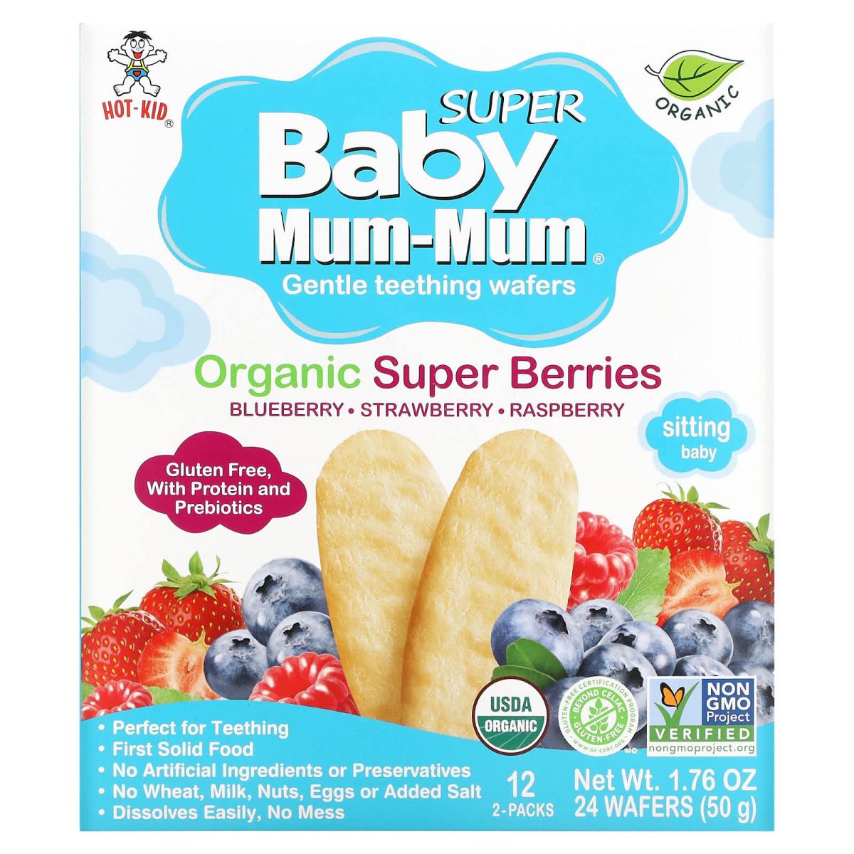 Органічні рисові сухарики, супер-ягоди, Baby Mum-Mum, Organic Rice Rusks, Super Berries, Hot Kid, 12 упаковок по 2 упаковки по 50