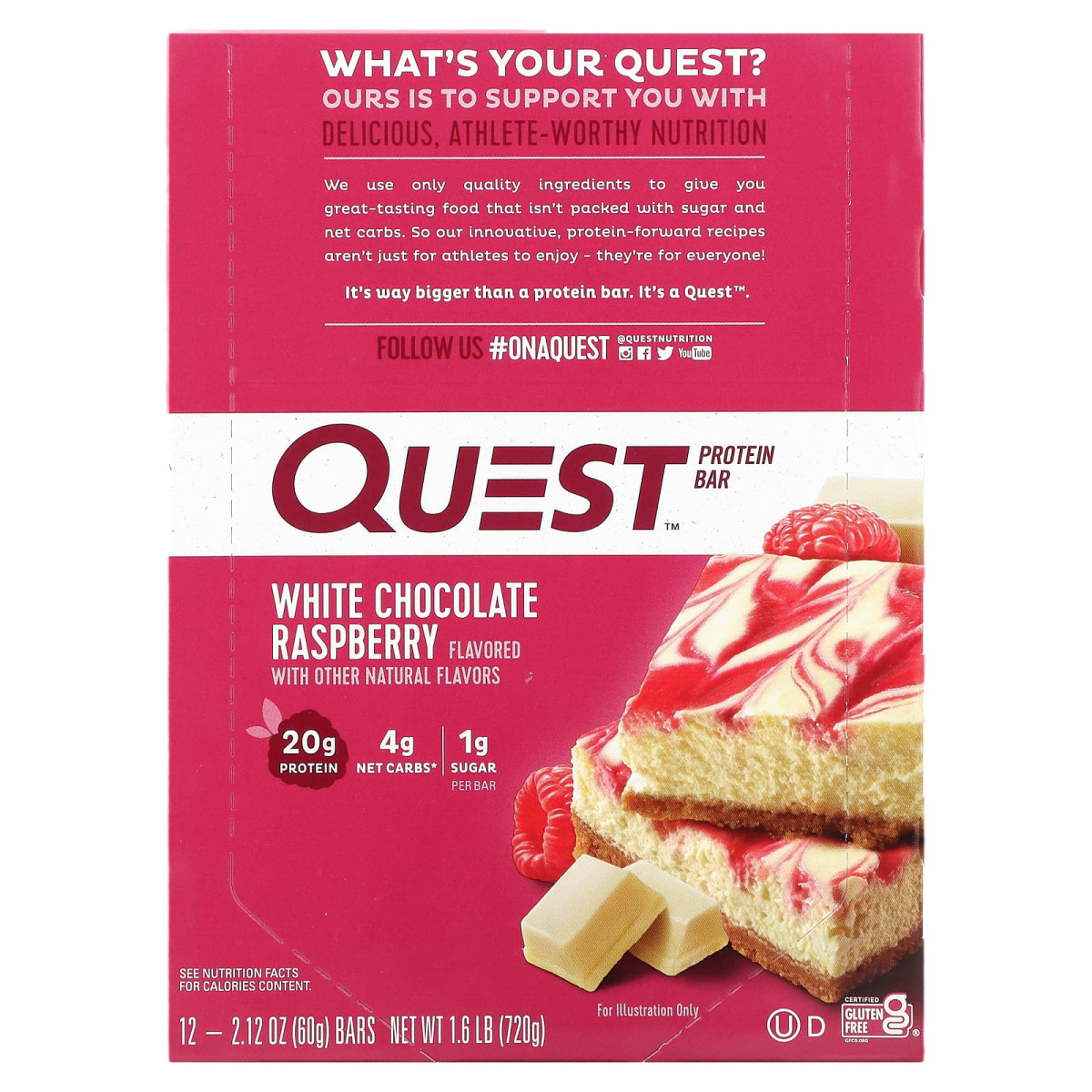 Протеїнові батончики Quest, біла шоколадна малина, Quest Nutrition, 12 батончиків, 2,12 унції (60 г) кожен