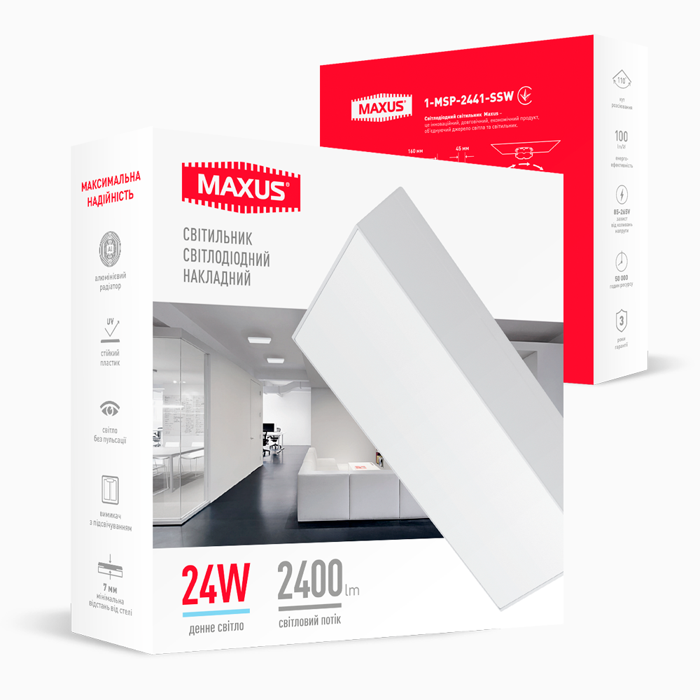 Накладний настінно-стельовий світлодіодний світильник 1-MSP-2441-SSW MAXUS SP Ceiling 24W 4100K Square Slim White