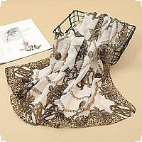 Палантин слонова кістка шовковий із леопардом і ланцюжками, шовковий бежевий шарф на голову, шарф на шию.