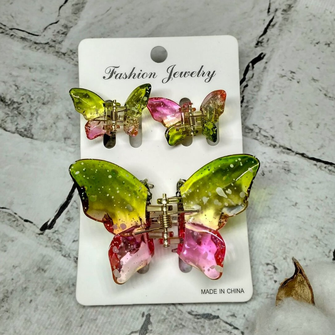 Крабики для волосся Метелики заколка затискач набір з 3 шт Зелений з рожевим 11418-5