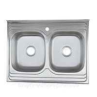 Мойка кухонная двойная "Platinum" накладная 8060D х18 (0,7 мм) Сатин с двойным "евро" сифоном