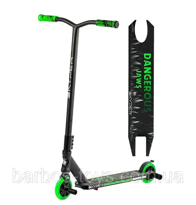 Трюковий двоколісний самокат для трюків з пегами Skyper алюмінієві диски колеса PU трюкові самокати зелений