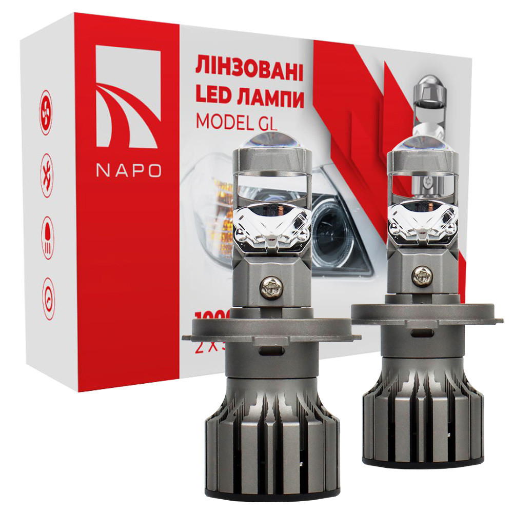 Лампа світлодіодна лінзована для фар NAPO Model GL H4 6500K 10000LM 2 шт комплект, фото 1