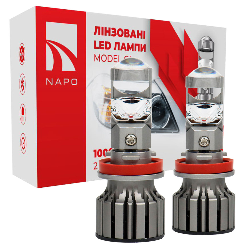Лампа світлодіодна лінзована для фар NAPO Model GL H11 6500K 10000LM 2 шт комплект, фото 1
