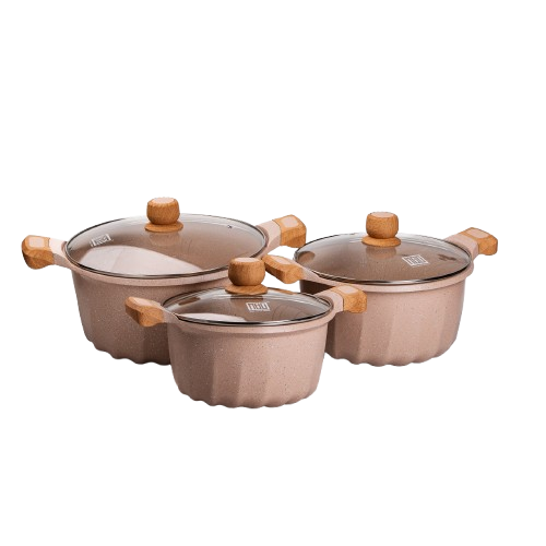 Набір із трьох каструль та сковорідок з кришками 24, 28, 32 см, товсте алюмінієве дно MGC HP-4-402, фото 1