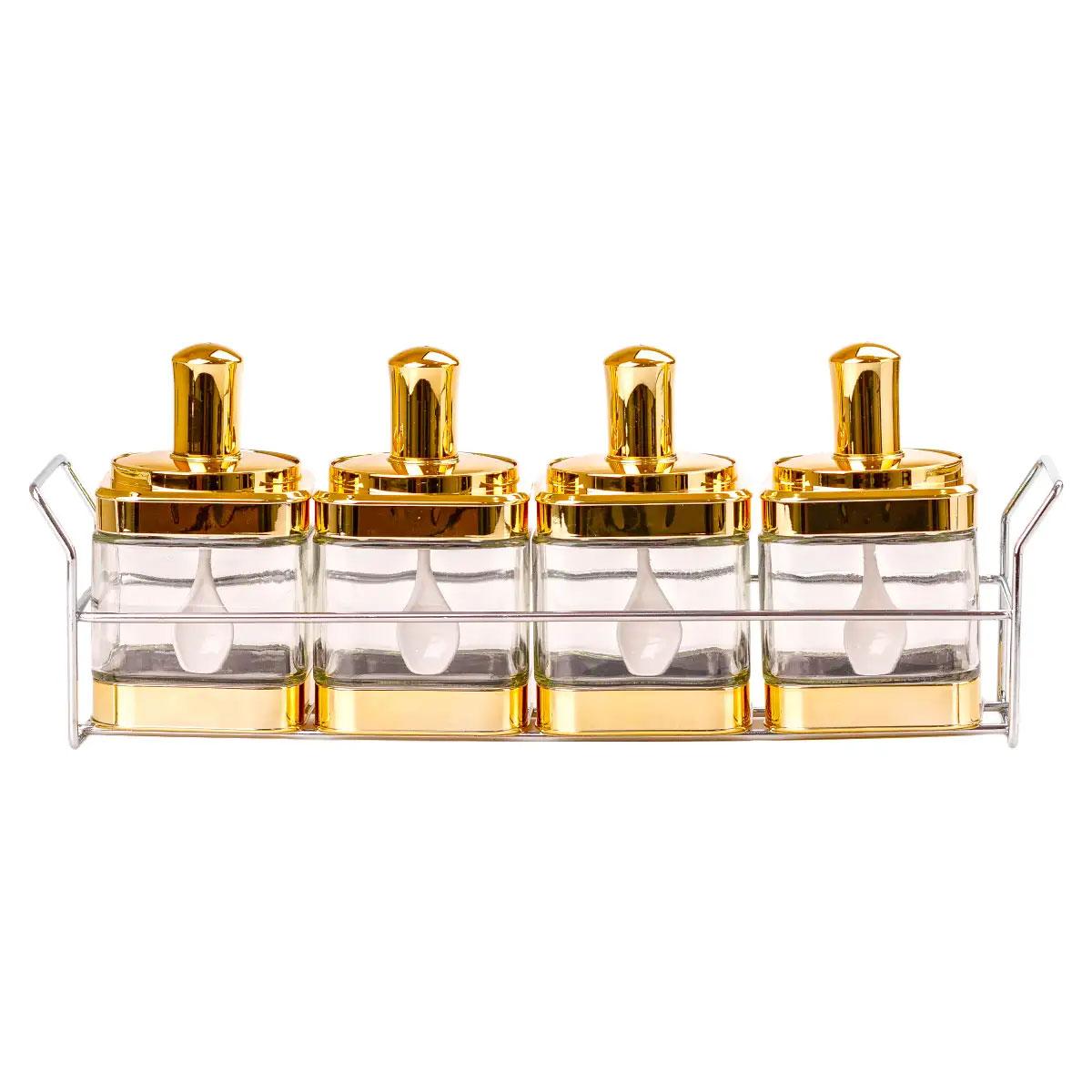 Банки для сипучих продуктів набір з 4 шт скляні на металевій підставці, золото, фото 1