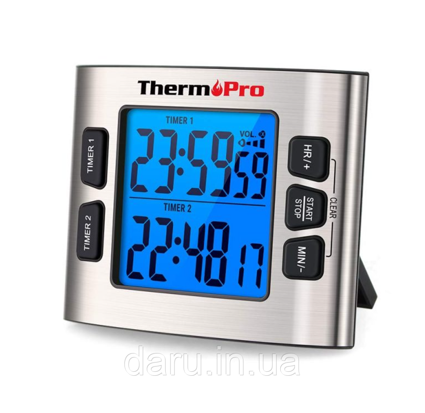 Подвійний кухонний цифровий таймер ThermoProTM-02 з функцією годинника, регулюванням гучності та підсвіткою екрана, фото 1