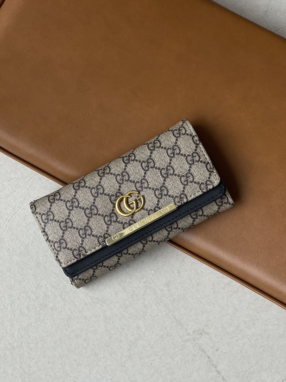 Жіночий гаманець Gucci сіро-чорний великий подвійний Гуччі