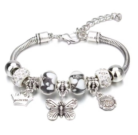 Браслет в стилі пандора Pandora Love Butterfly білі кристали з підвісками метелик корона квітка регулюється, фото 1