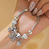 Браслет в стилі пандора Pandora Love Butterfly білі кристали з підвісками метелик корона квітка регулюється, фото 3