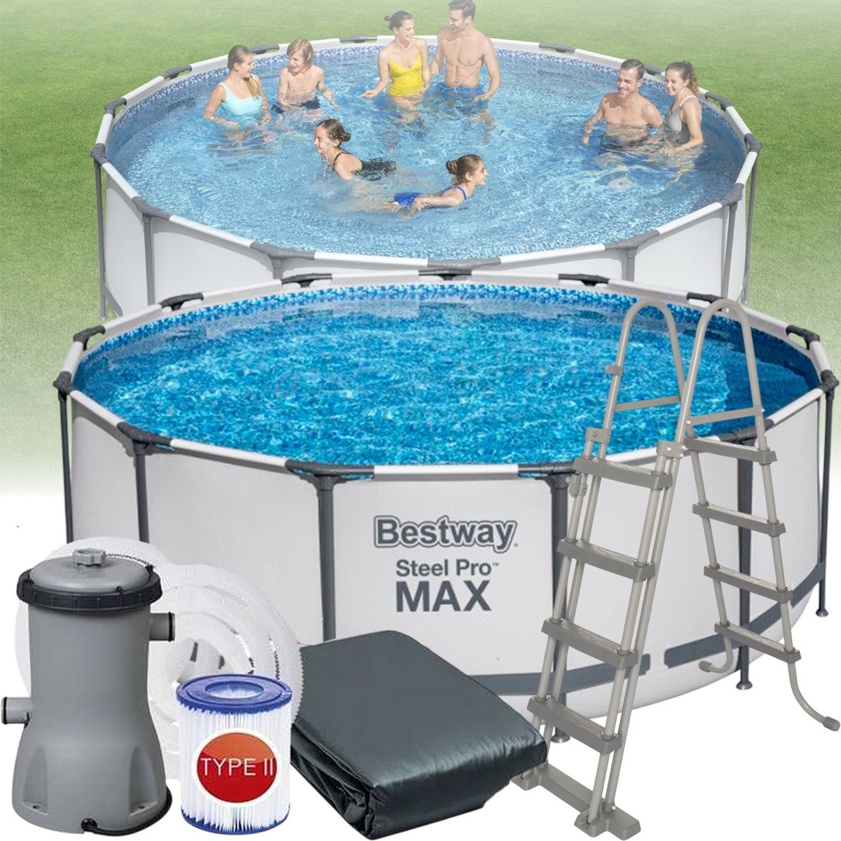 Басейн каркасний круглий 396x122 см Bestway 5618W з фільтр-насосом та сходами на 12690 л Сірий