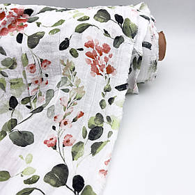 Муслін жатий 2-х "Листя евкаліпта з квітами на білому" 160 см