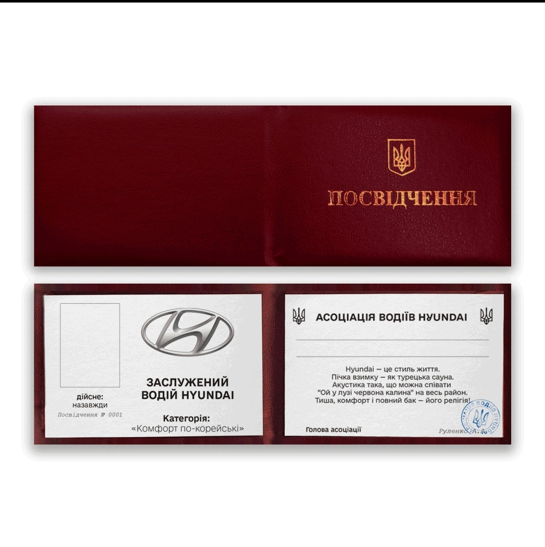 Прикольне посвідчення "Заслужений Водій HYUNDAI