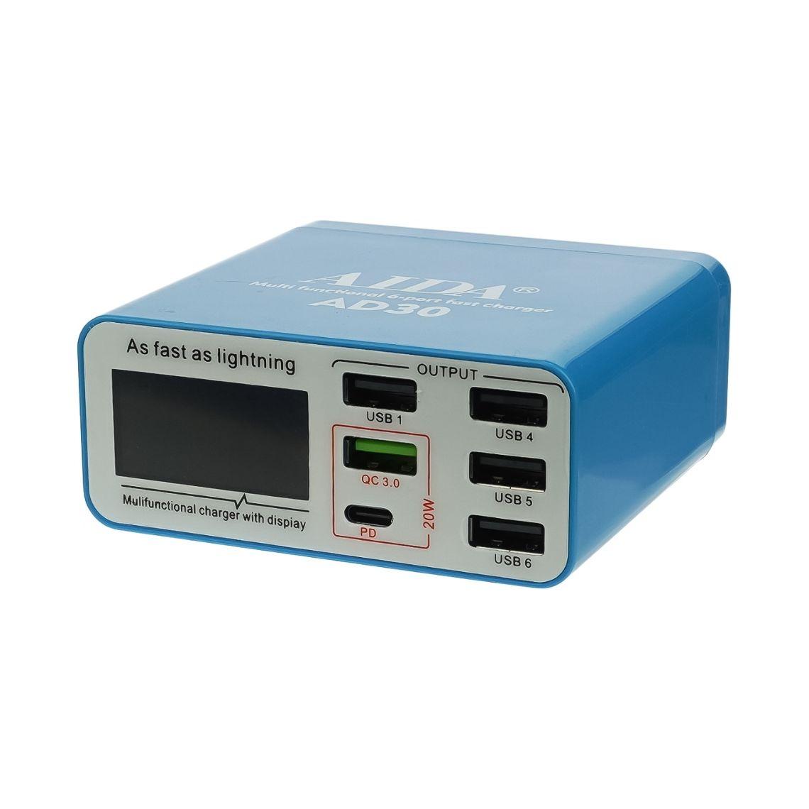 Зарядна станція з індикацією параметрів зарядки Aida AD30 (5 USB/1 Type-C, Fast Charge 3.0, 40W)
