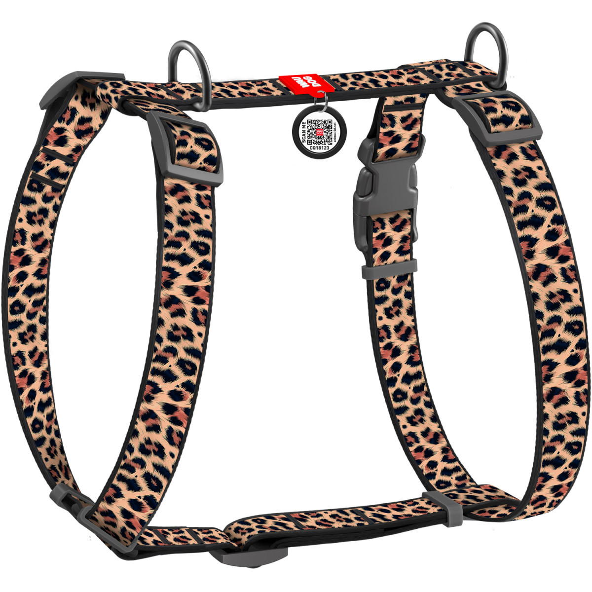 Шлея M 46-60 см анатомічна H-подібна WAUDOG Nylon з QR паспортом Леопард для собак, фото 1