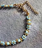 Тонкий квітковий браслет блакитний із чеського бісеру та ронделями, фото 7