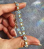 Тонкий квітковий браслет блакитний із чеського бісеру та ронделями, фото 8