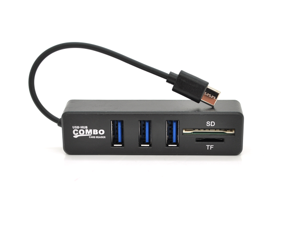 Хаб Type-C P3101, 3 порти USB 2.0 + SD/TF, 10 см, Black, Blister