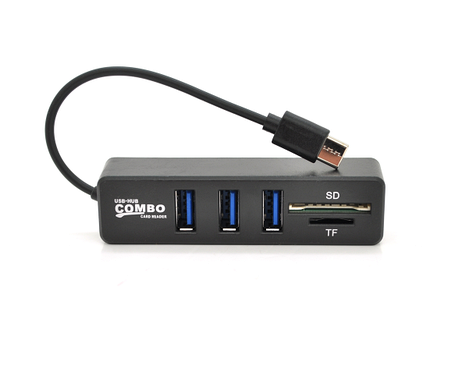 Хаб Type-C P3101, 3 порти USB 2.0 + SD/TF, 10 см, Black, Blister, фото 1
