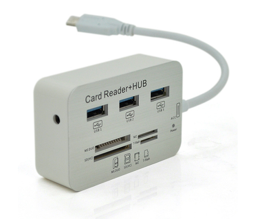 Хаб Type-C алюмінієвий, 3 порти USB 3.0 + Card Reader, 20 см, White, Пакет, фото 1