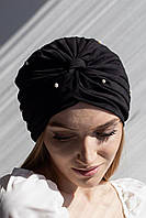 Чалма жіноча літня зі стрейч бавовни з натуральними перлинами D.Hats Чорний