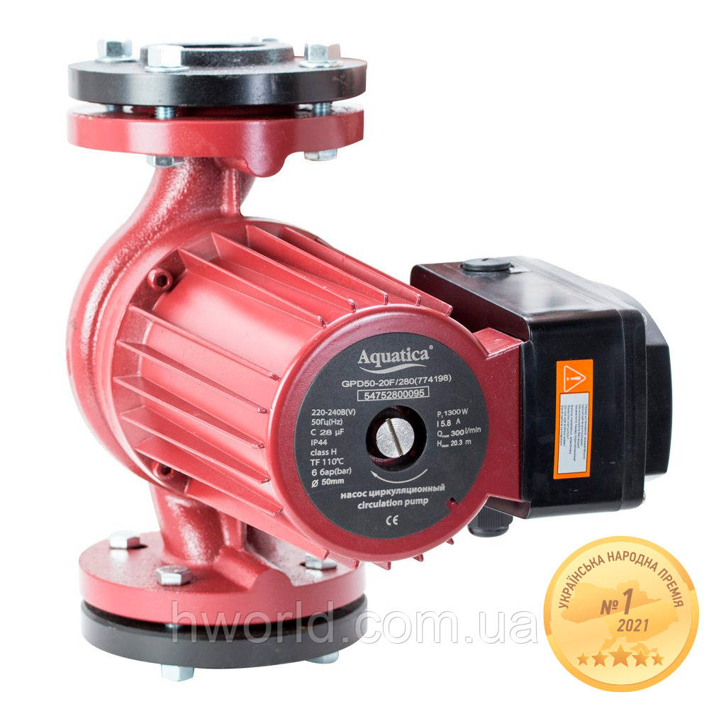 Насос циркуляційний фланцевий 1.3кВт Hmax 16.3м Qmax 330л/хв DN50 280мм + приєднувальний фланець AQUATICA, фото 1