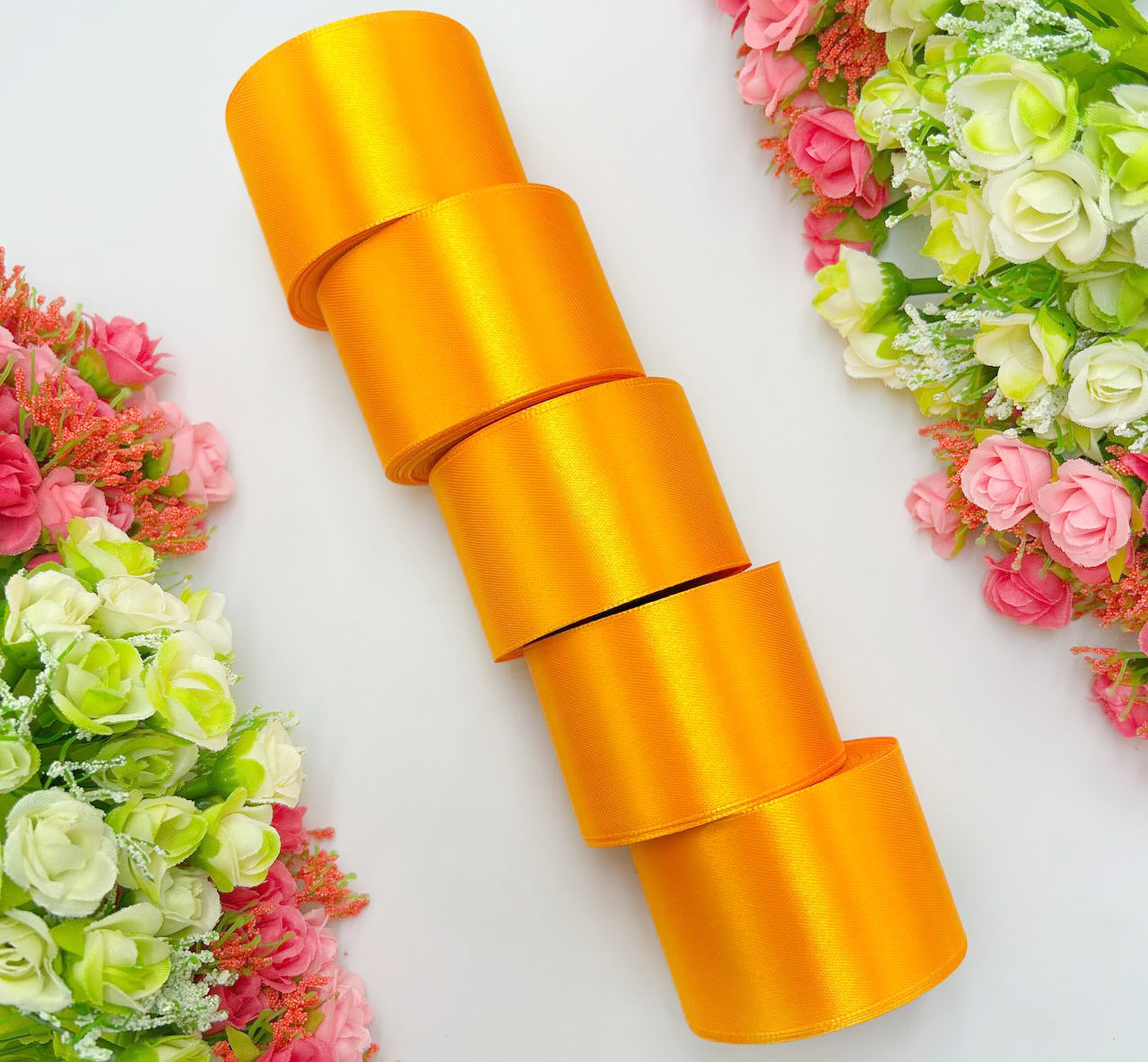 Атласна стрічка для рукоділля - 5 см x 23 м (опт, 5 рулонів) / Помаранчевий, фото 1