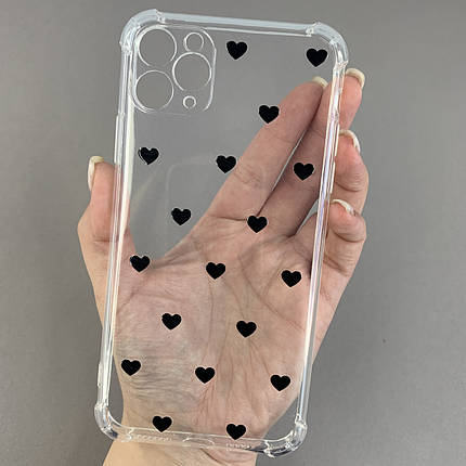 Чохол для iPhone 11 Pro Max чохол з бронь кутами з сердечками на телефон айфон 11 про макс прозорий q04t, фото 1