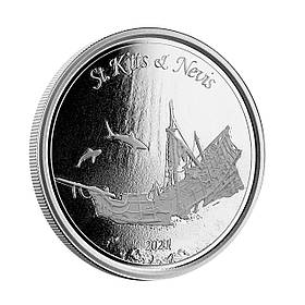 Срібна інвестиційна монета Затоннув корабель 2021 Східні Кариби 2$ Сент-Кітс і Невіс 1 унція 999