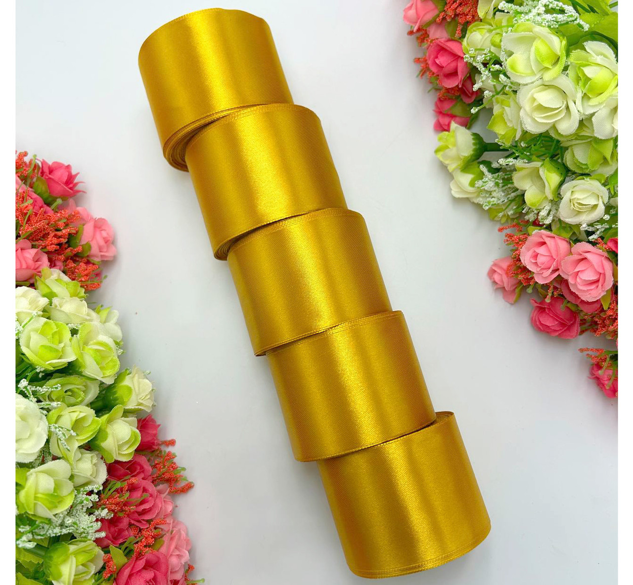 Атласна стрічка для рукоділля - 5 см x 23 м (опт, 5 рулонів) / Золотий, фото 1