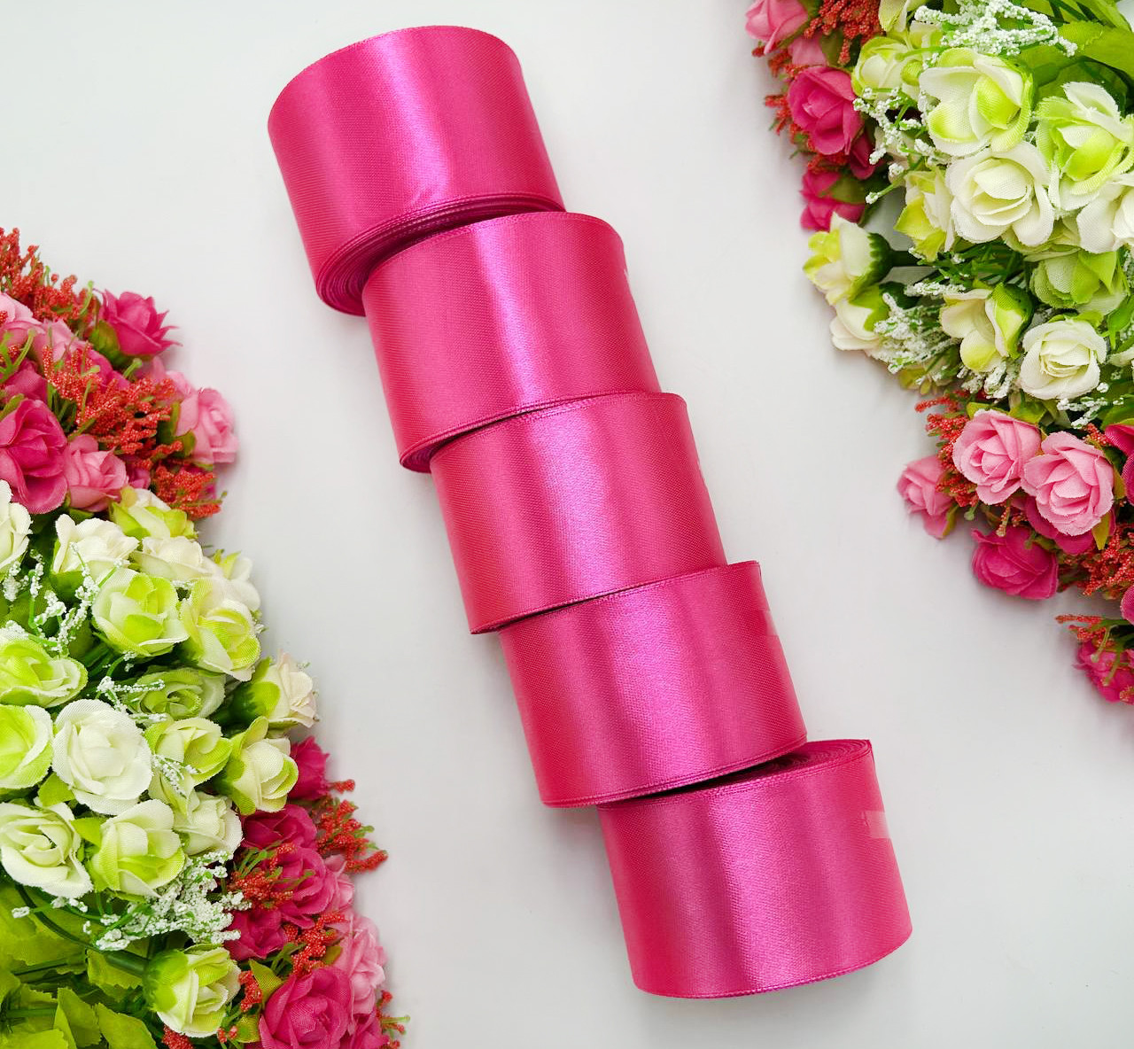Атласна стрічка для рукоділля - 5 см x 23 м (опт, 5 рулонів) / Малиновий, фото 1