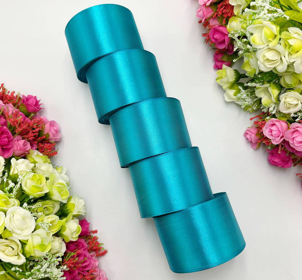 Атласна стрічка для рукоділля - 5 см x 23 м (опт, 5 рулонів) / Бірюза, фото 1