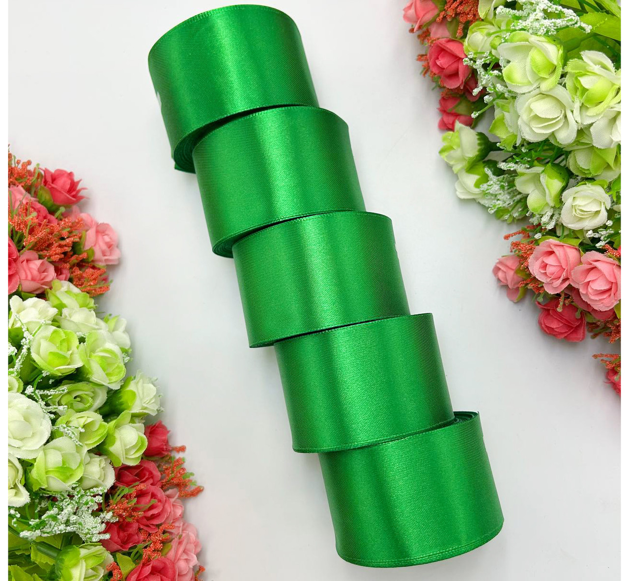Атласна стрічка для рукоділля - 5 см x 23 м (опт, 5 рулонів) / Зелений, фото 1