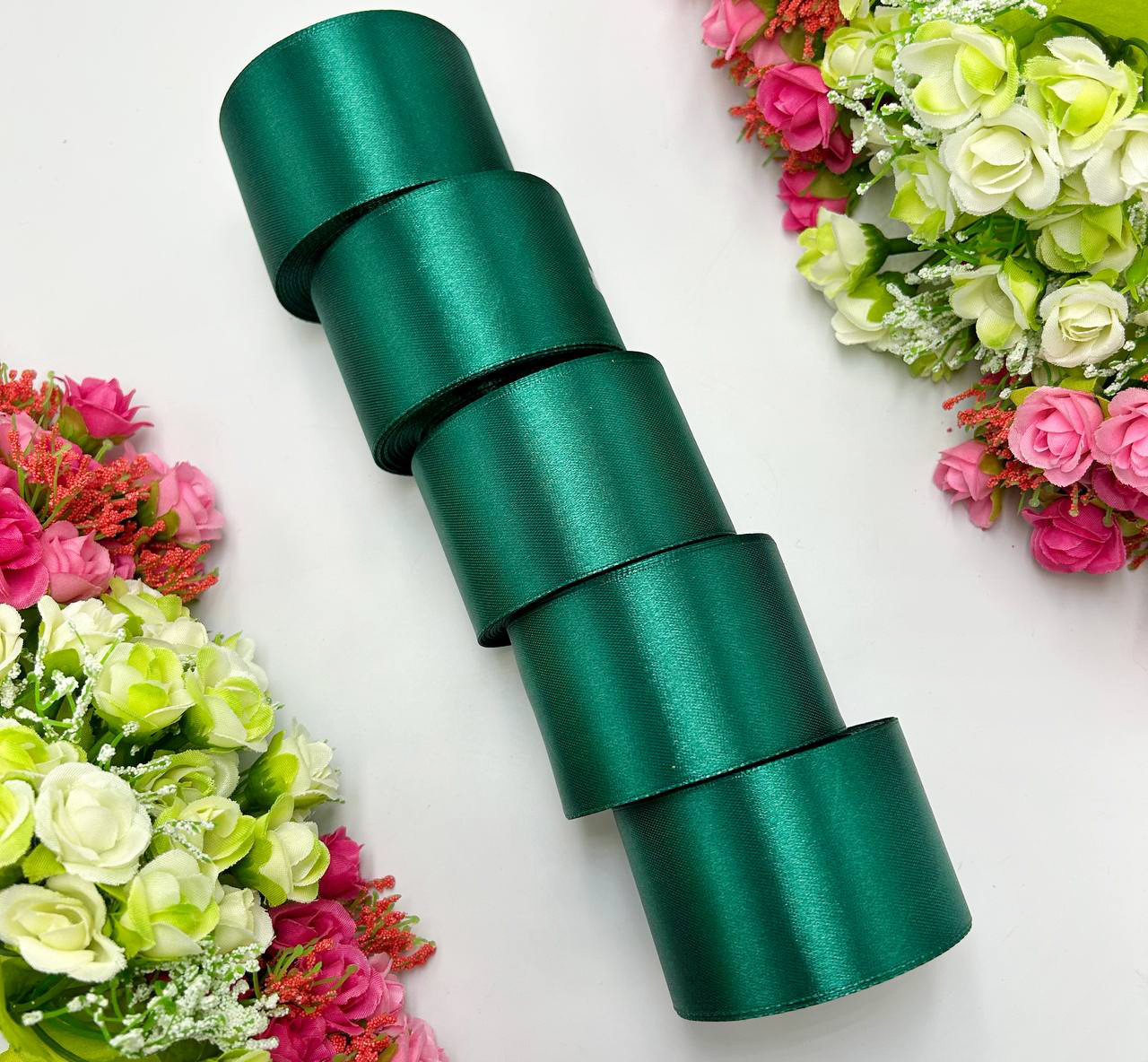 Атласна стрічка для рукоділля - 5 см x 23 м (опт, 5 рулонів) / Смарагдовий, фото 1