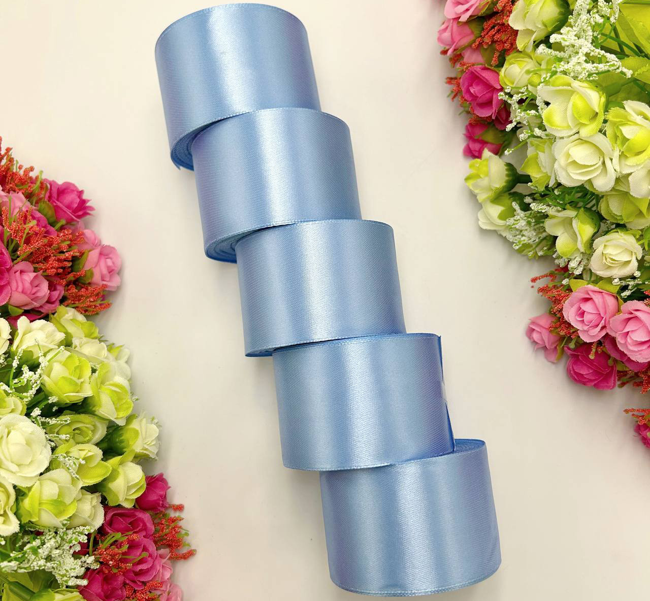 Атласна стрічка для рукоділля - 5 см x 23 м (опт, 5 рулонів) / Джинсовий, фото 1