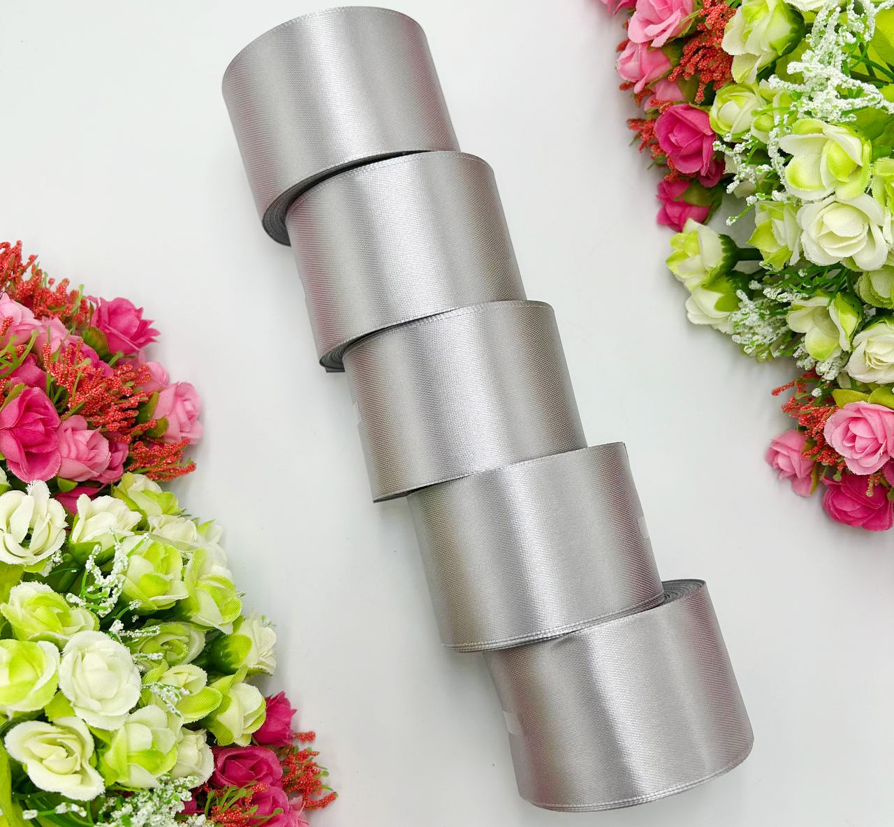Атласна стрічка для рукоділля - 5 см x 23 м (опт, 5 рулонів) / Сірий, фото 1