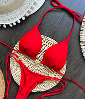 Комплект бікіні червоний, з бретельками через шию, купальник жіночий, роздільний купальник з трикутними
