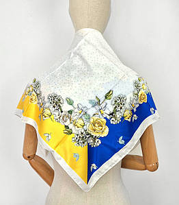 Хустка шовкова шійна Україна білий жовтий синій окрайок троянди