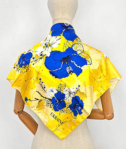 Хустка шовкова шійна Україна сині квіти на жовтому
