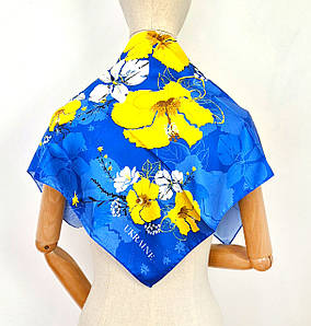 Хустка шийна шовкова патріотична Україна жовті великі квіти на синьому