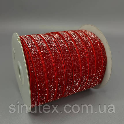 Оксамитова стрічка з люрексом срібло 1см боб. 46м- червоний, фото 1
