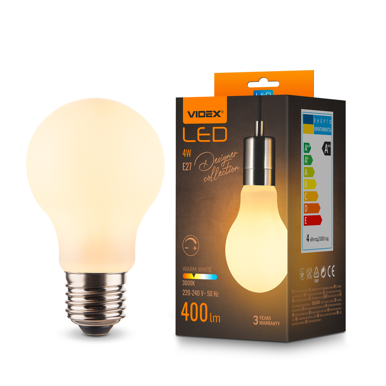 LED лампа VIDEX Filament VL-DA60MO 4W E27 3000K Porcelain dimmable, фото 1
