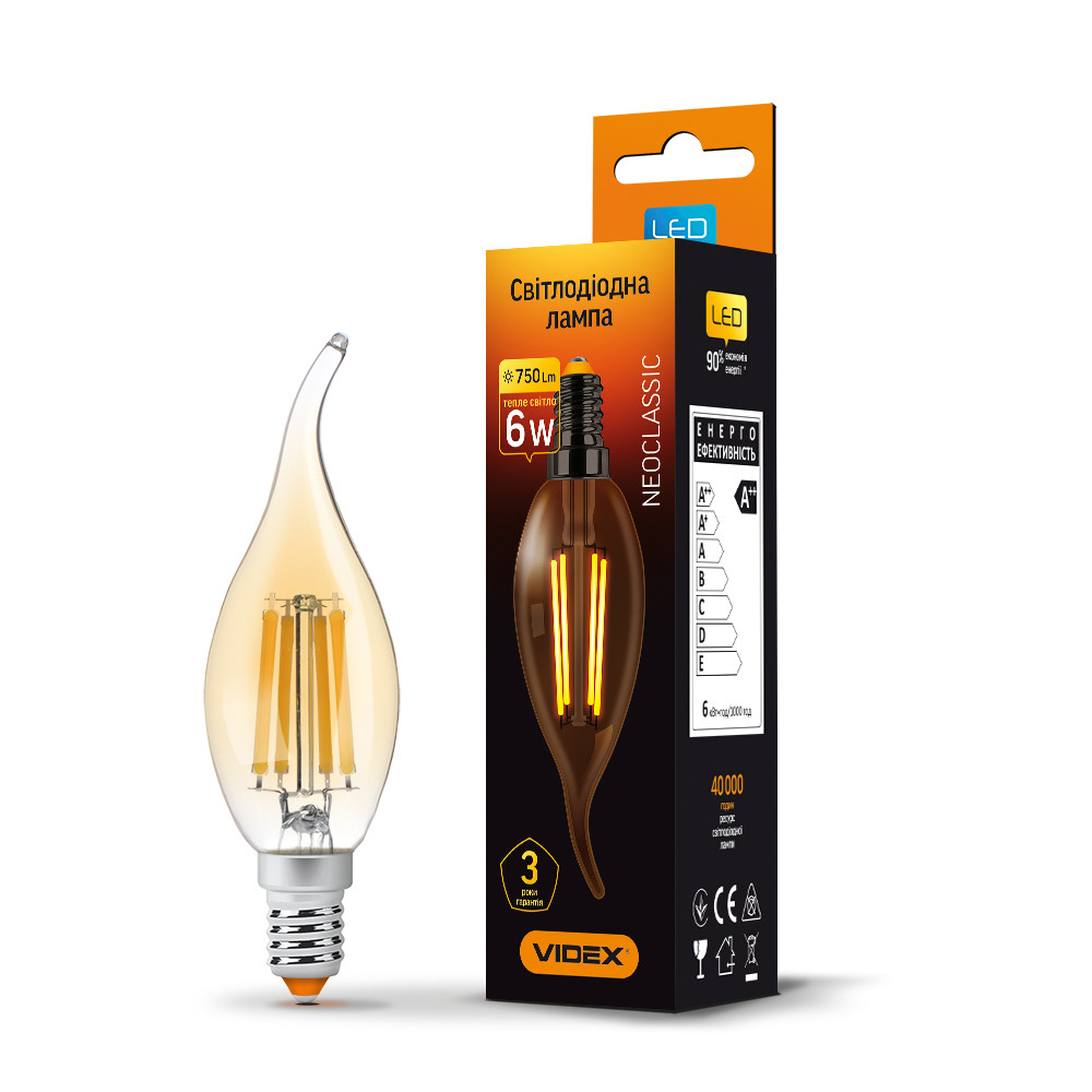 LED лампа VIDEX Filament C37FtA 6W E14 2200K бронза, фото 1