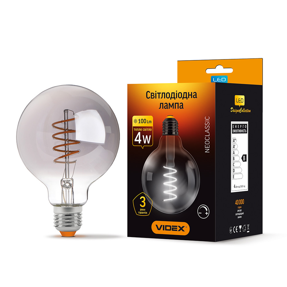 LED лампа VIDEX Filament G95FGD 4W E27 2100K дімерна графіт, фото 1