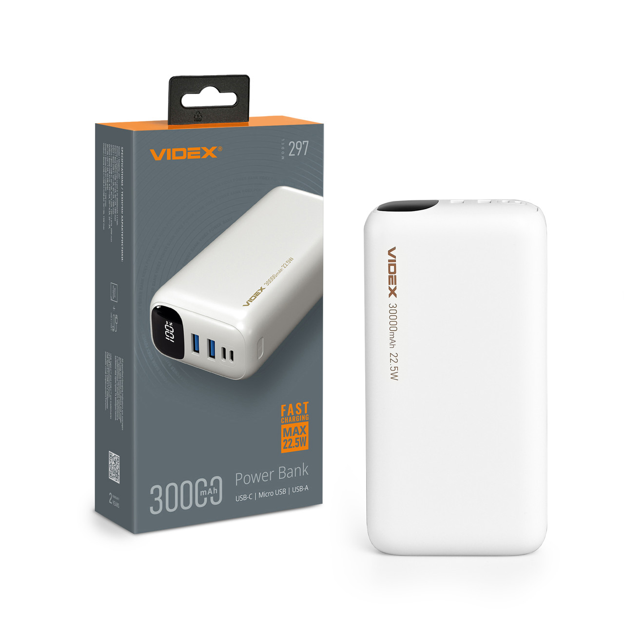 Повербанк 30000mAh VIDEX VPB-297 22.5W White, фото 1