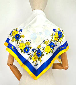 Хустка шийна шовкова патріотична Україна сині жовті квіти на білому