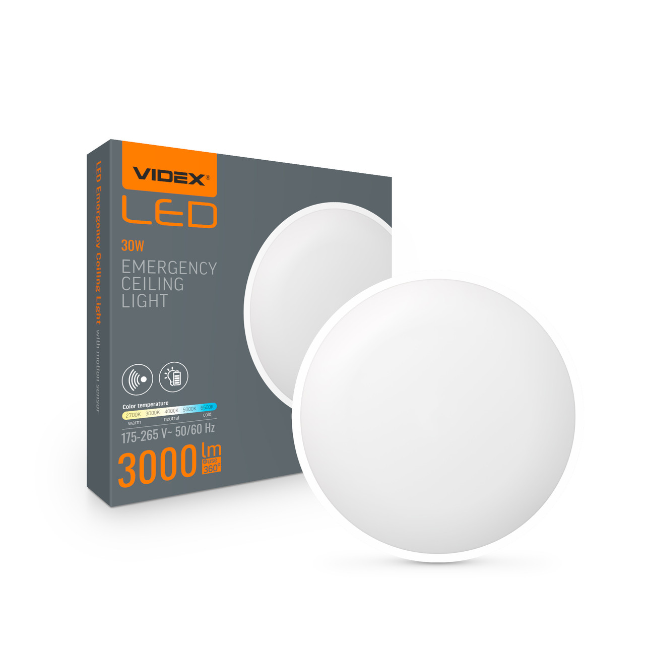 LED Світильник аварійний накладний з датчиком руху VIDEX 30W 2700-6500K 220V, фото 1