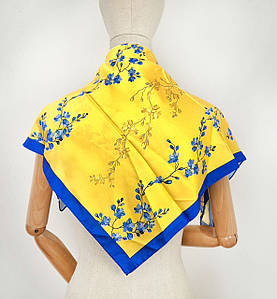 Хустка шовкова шійна Україна сині квіти на жовтому